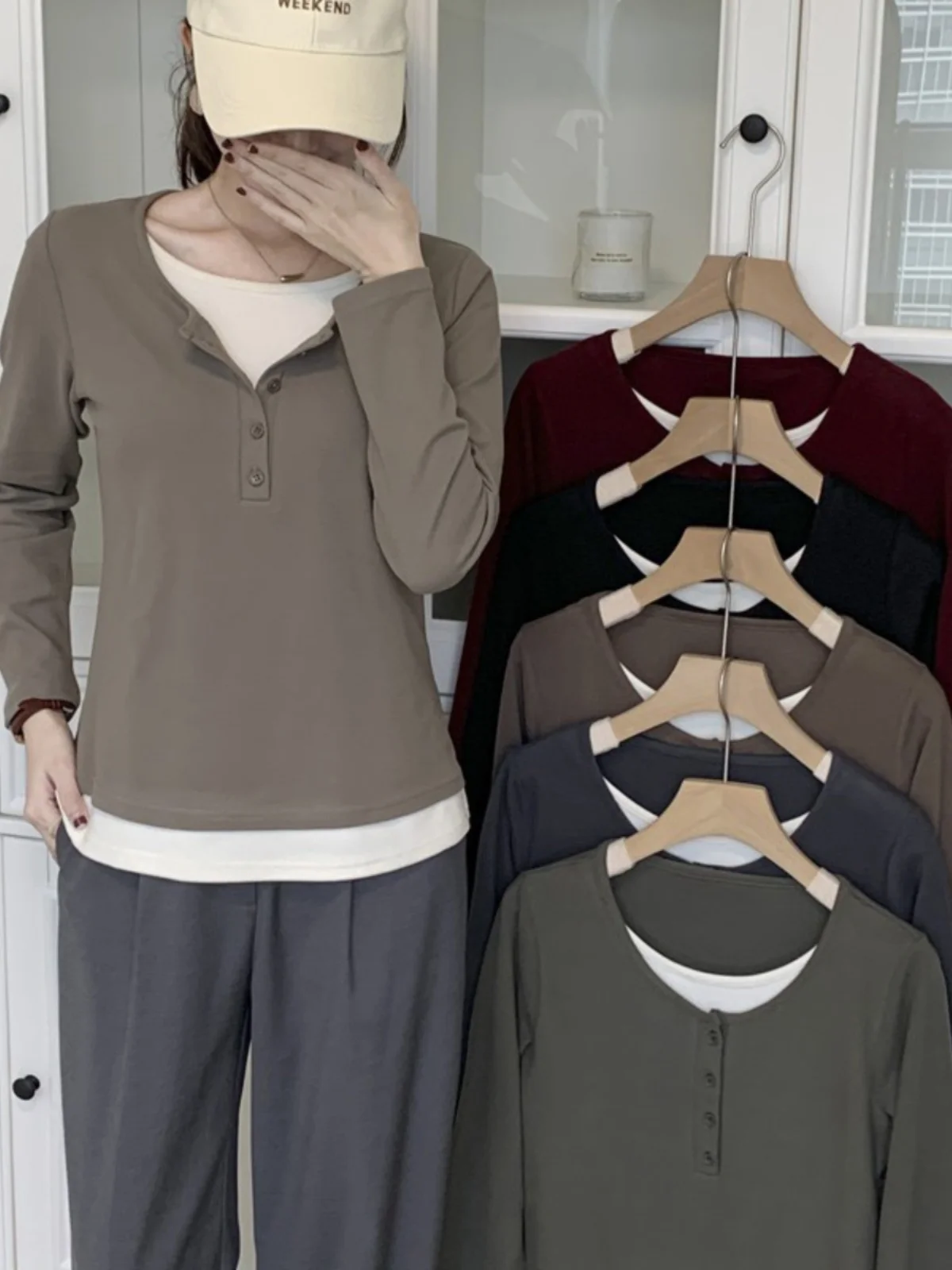 Женская рубашка с круглым вырезом и длинными рукавами осень 2023 новая корейская