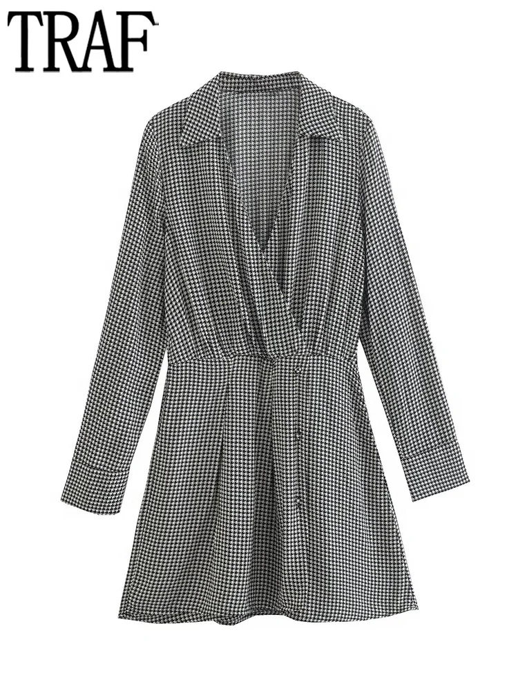 

TRAF Houndstooth Shirt Dress Woman Pleated Short Dresses for Women 2022 Long Sleeve Office Female Dress Autumn Ruched Mini Dress