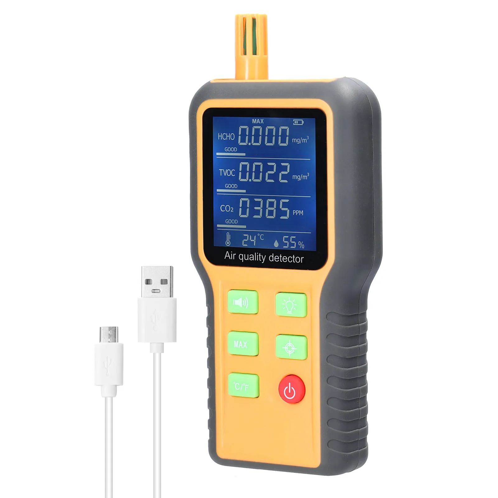 

Air Quality Detector T/H Sensors CO2 Tester LCD Display with Backlit Carbon Dioxide TVOC HCHO Value Temperature Humidity Detect