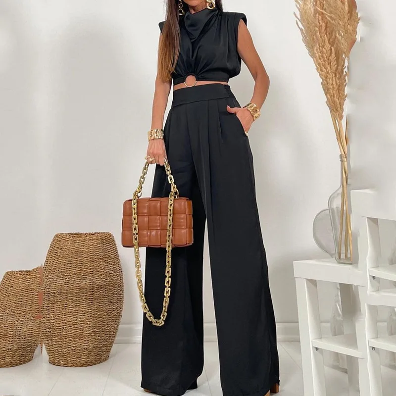Summer New Women's Two Piece Fashion Solid Tank Top Sleeveless Long Loose Wide Leg Pants Suitable for Advanced Street Clothing