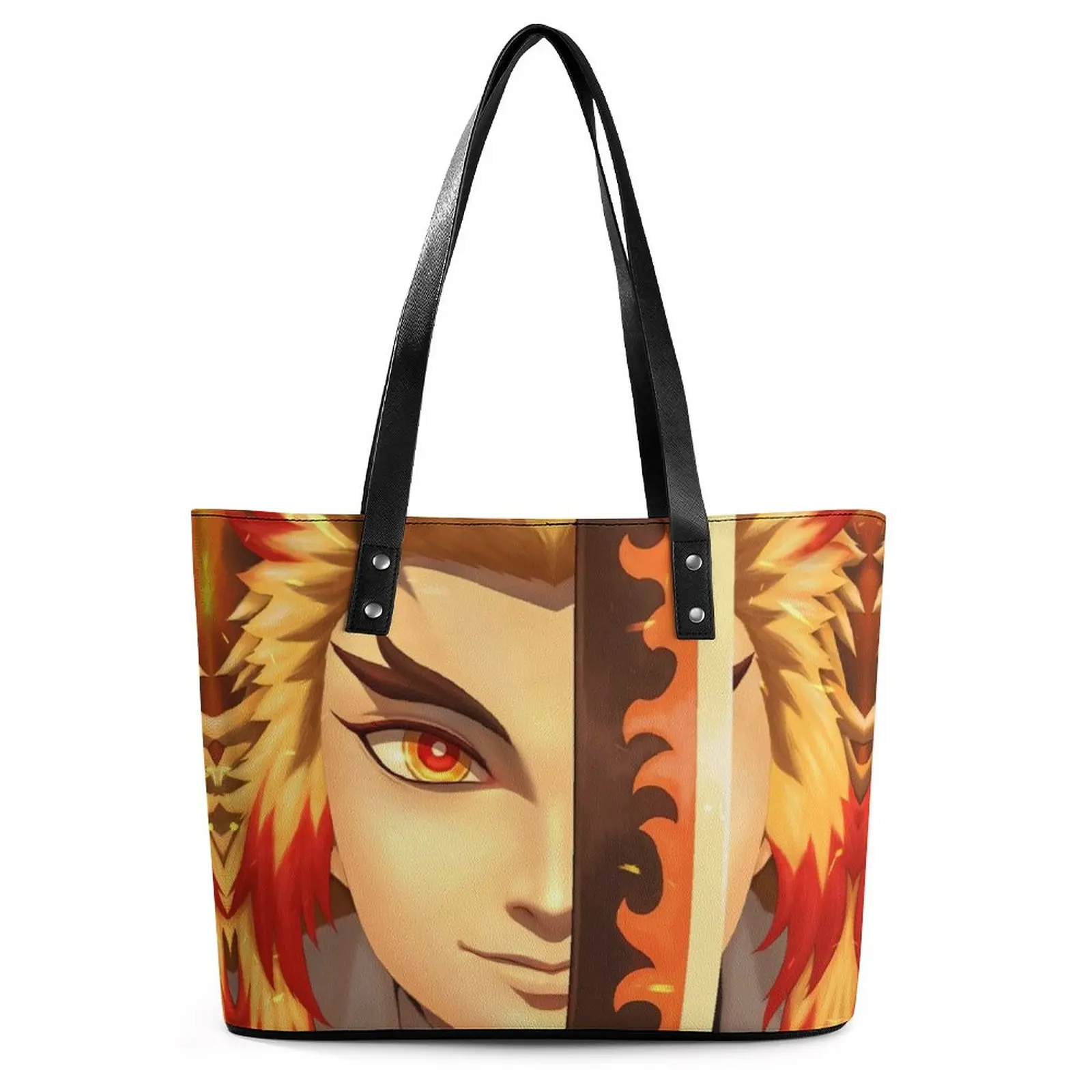 

Anime Demon Slayer Handbags Rengoku Kyojuro Business Tote Bag Women Stylish Shoulder Bag Graphic Handle PU Leather Shopper Bags