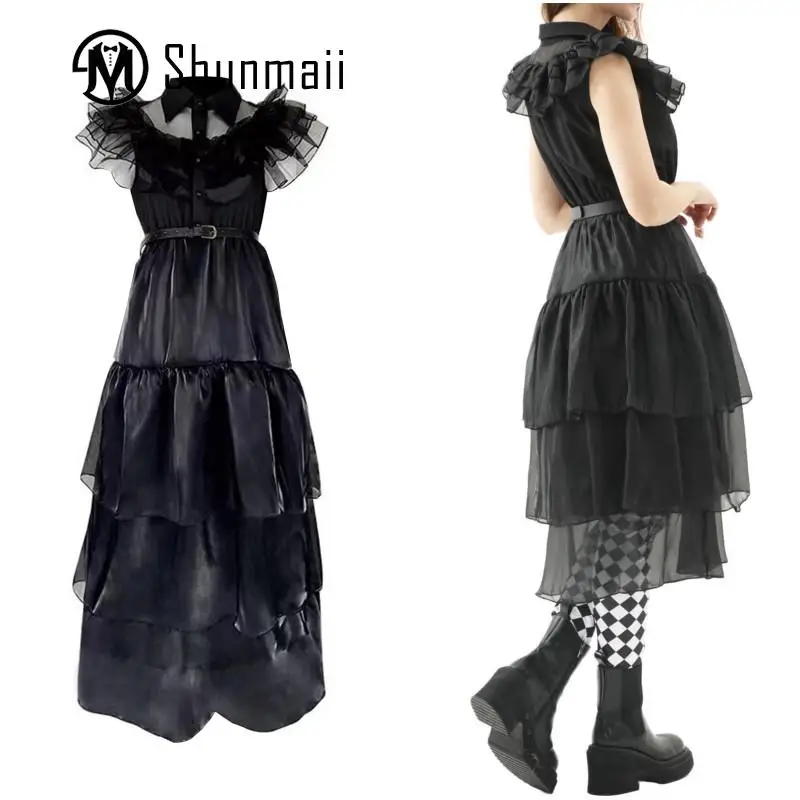 

Women Halloween Cosplay Dress Wednesday Addams Costume Dress Gothic Style Cocktail Mesh Dress Multi Layer Vacation Outfit
