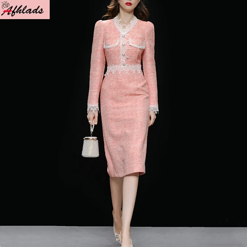 

Spring And Autumn Women's New Tweed Slim Dress Long Sleeve V-Neck Office Lady Elegant High Waist Bodycon Vestidos
