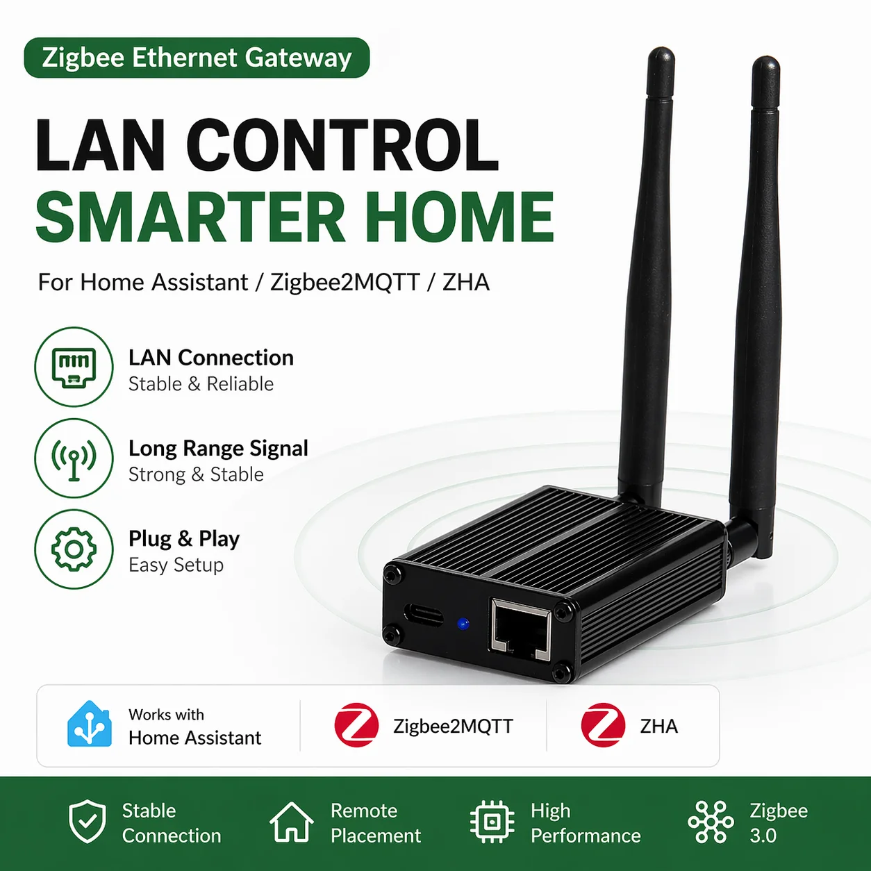 Фото Zigbee Ethernet Gateway LAN Adapter for Home Assistant Zigbee2MQTT ZHA Plug and Play Smart Home Hub №1