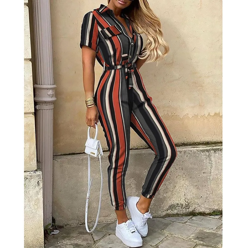 

V-Neck Shirt Rompers Polyester Female Fashion Soild Short Sleeve Stripe Full Lengh Cargo Overalls S-XL Summer Women Jumpsuits