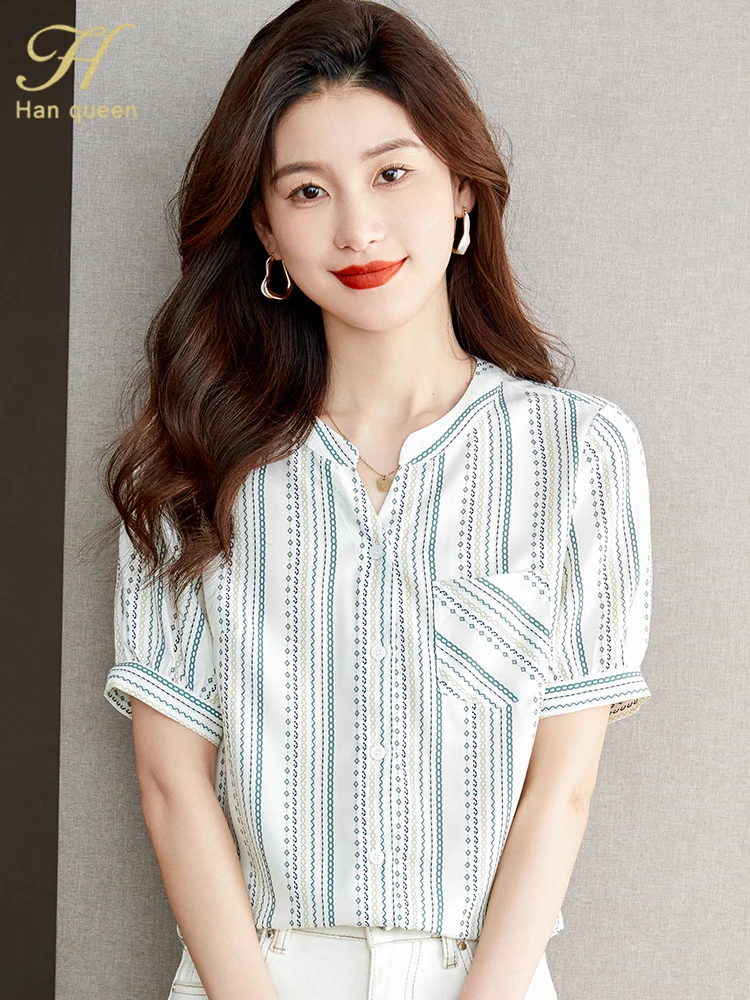 

H Han Queen Summer Blusas Simple Office Lady Chiffon Blouse Female Shirt Striped Print Tops Casual Korean OL Loose Blouses Women