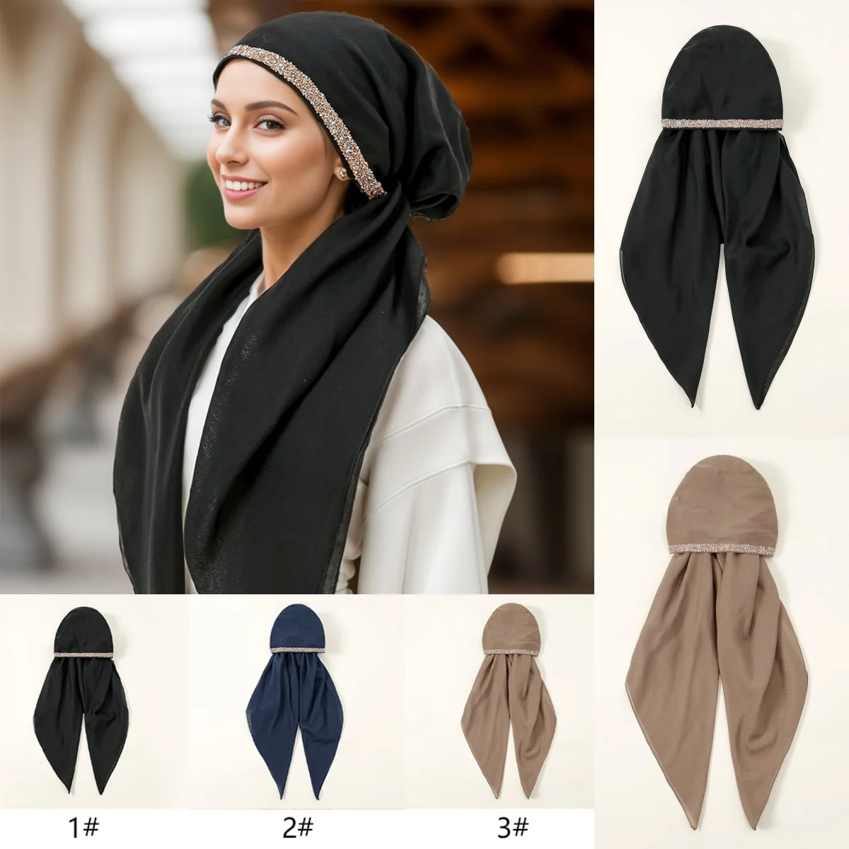 Мгновенный шарф-хиджаб для мусульманских женщин блестящий тюрбан со стразами
