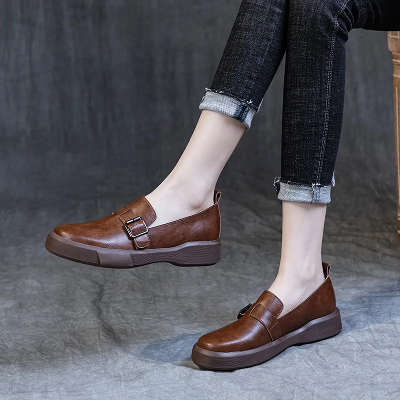 w stylu brytyjskim Małe skórzane buty damskie Nowe duże Wiosna Jesień Gumowe Retro Miękkie podeszwy Płaska podeszwa