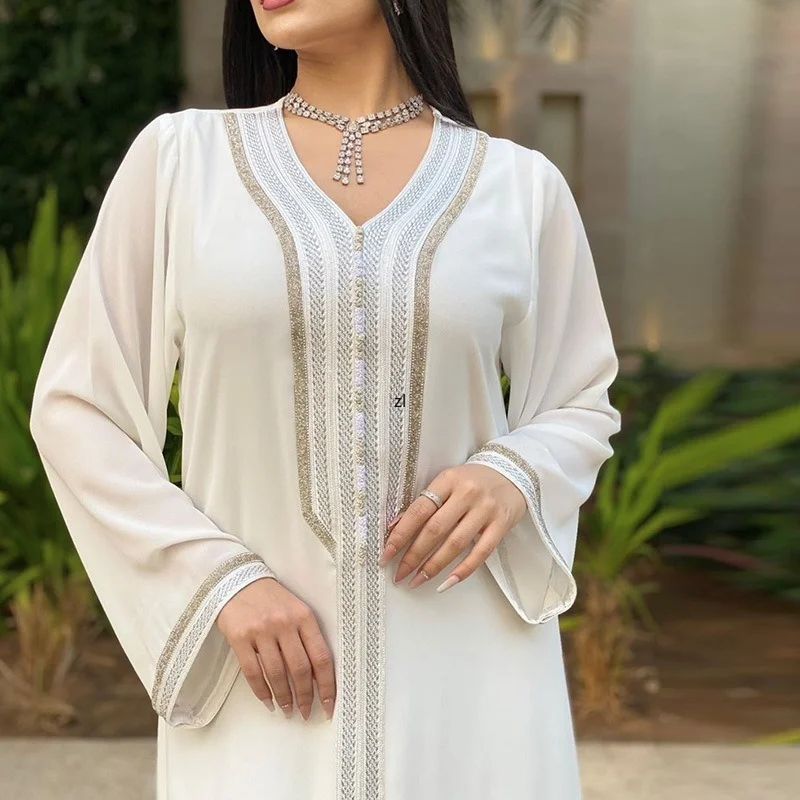 Eid Fashion Nida Muslim Sets Two Pieces Dress  Abaya Jalabiya for Women White Summer V Neck Party Moroccan Kaftan Dubai  Clothes