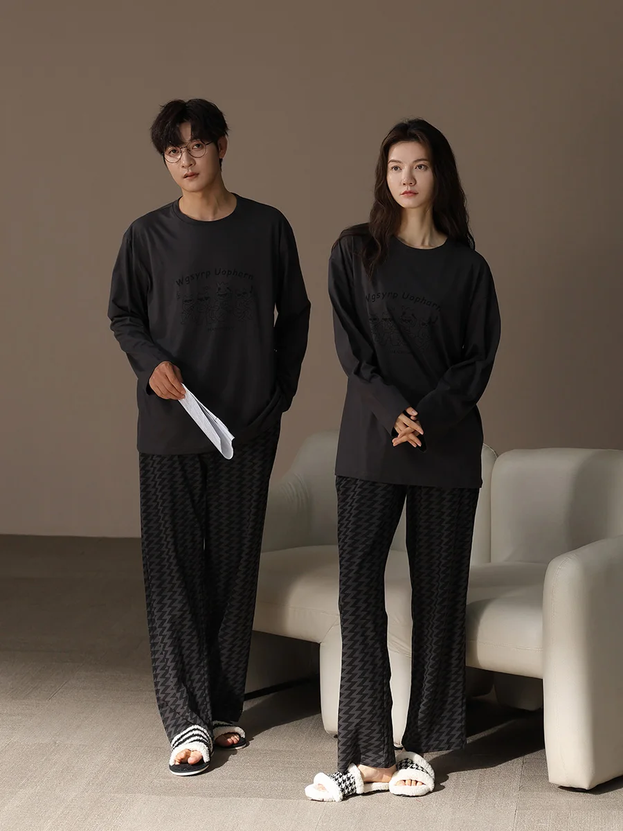 2024 New Couple Pajamas Men's and Women's Spring Autumn Cotton round Neck Long sleeve Trousers Teenagers High-End Home We...