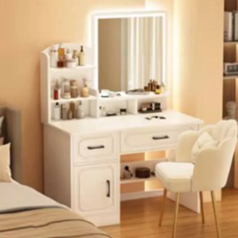 

Modern Minimal Chair Dressing Table Cabinet LED Handles Drawers Lights Dressing Table Wood Texture Coiffeuse Furniture