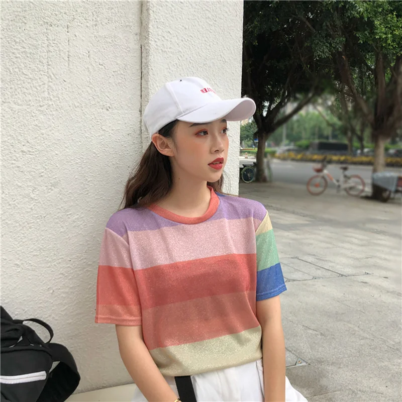 

Woman Summer Loose Casual T-shirt coloured Rough Cross Stripe O-Neck Tops 2022 New Fashion Short Sleeve T shirts Female XJJ35