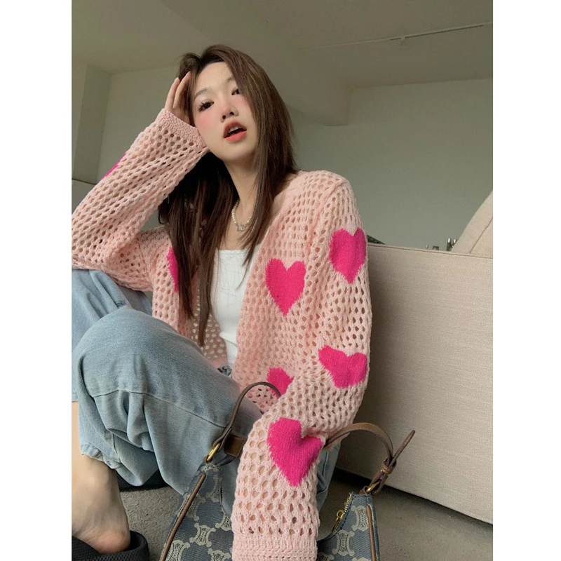 

Love embroidered hollowed out sweater women's summer 2022 new design with thin long sleeved sunscreen Shirt Top
