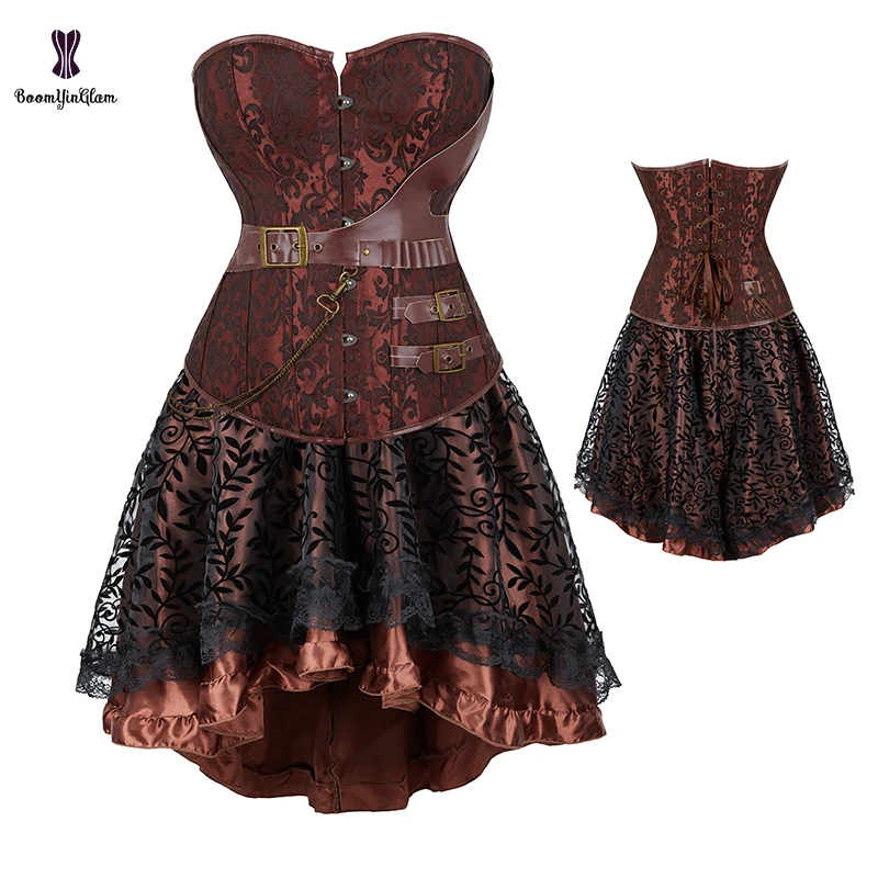 Brown Coffee Leather Belt Buckle Up Korset Women's Halloween Outwear Costume Steam Punk Corsets Dresses With T String Plus Size