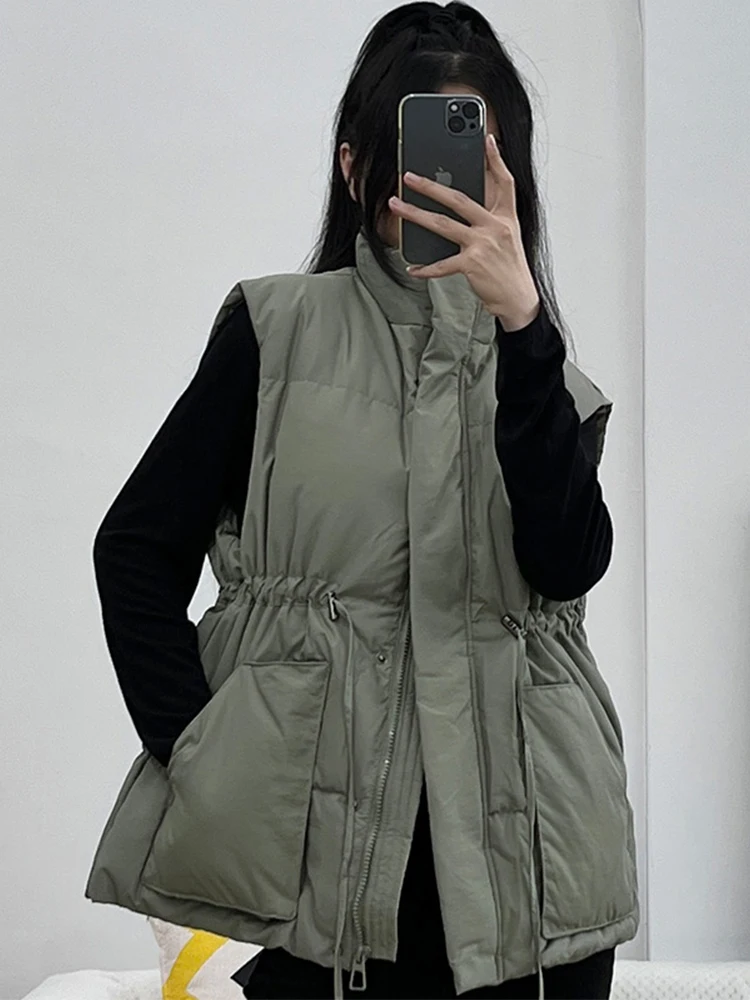 

FTLZZ зимнее женское пальто на белом утином пуху, Женская Повседневная Верхняя одежда на молнии с завязками и пуговицами, женский жилет с воротником-стойкой без рукавов, пальто