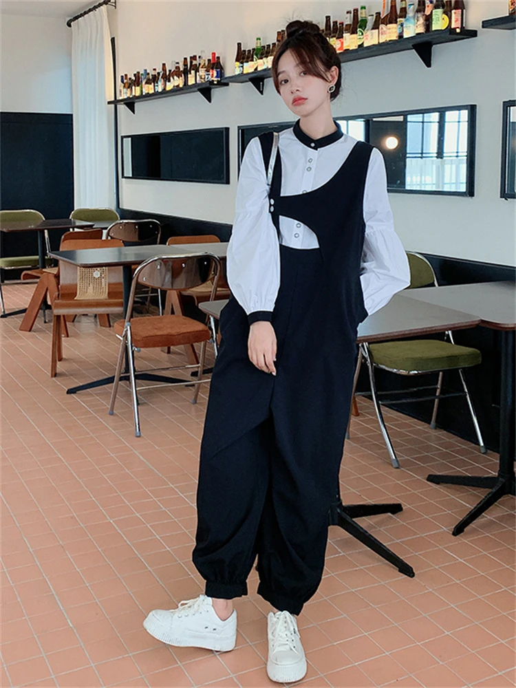 

Black Overalls and White Shirt 2 Piece Set 2022 Autumn Women Streetwear Chic Loose Hip Hop Strap Pants Jumpsuit Outfits 2269