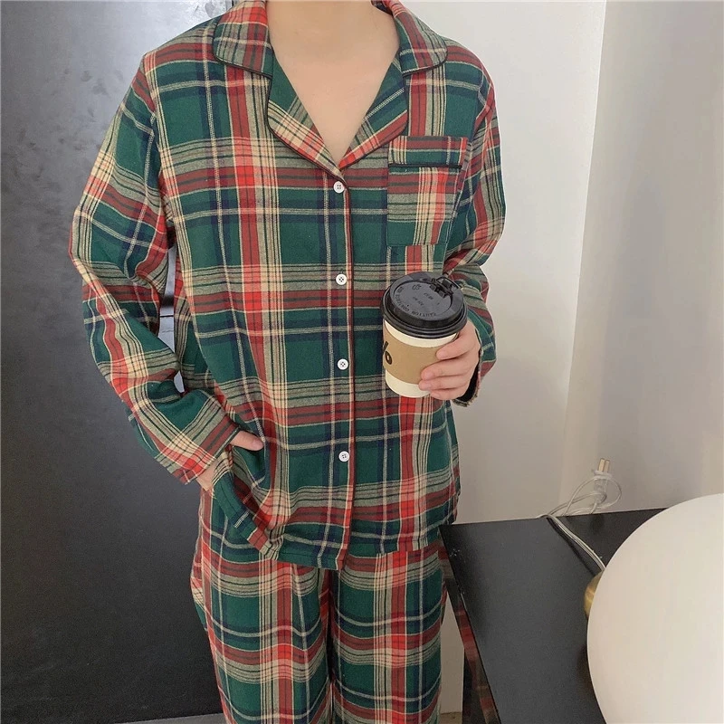Green Plaid Women's Loose Pajama Suit Comfort Woman Men Sleepwear Cotton Spring Autumn Couple Homewear Female Christmas Nighwear
