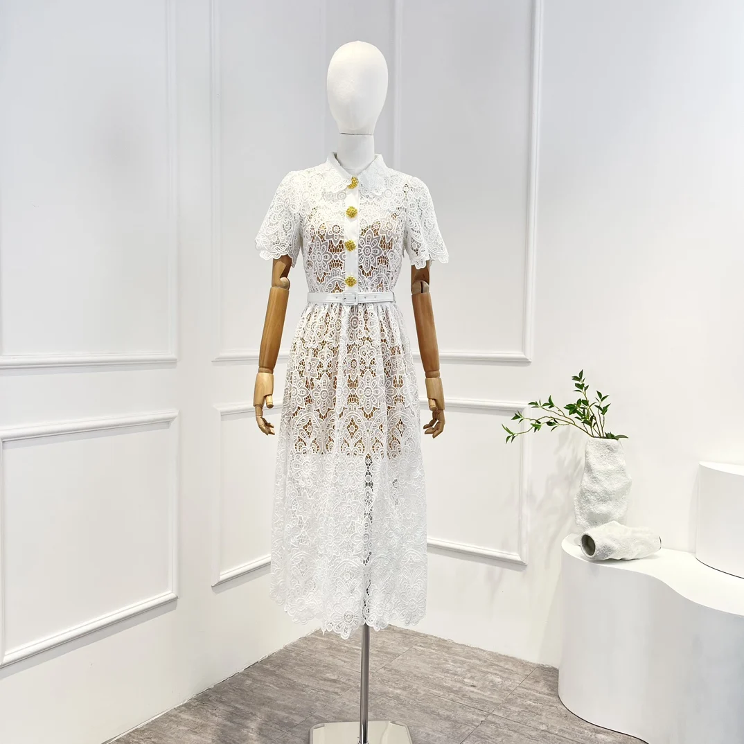 

High Quality 2023 New Arrival Vintage Spring Summer White Graceful Lace Hook Flower Hollow Short Sleeve Belt Woman Midi Dress
