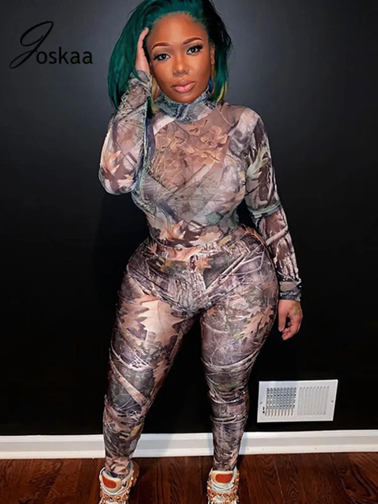 Joskaa Mesh Aesthetic Sexy Long Sleeve Bodysuit And Leggings Pants Suit 2020 Autumn Winter New Women Jumpsuit Matching Outfits |