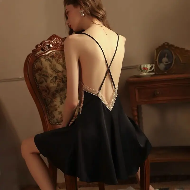 

Women's Elegant Sleepwear Cross Back Satin Nightgown Mini Slip Chemise Nightwear Sexy Woman Nightie With Lace Trim Night Wear