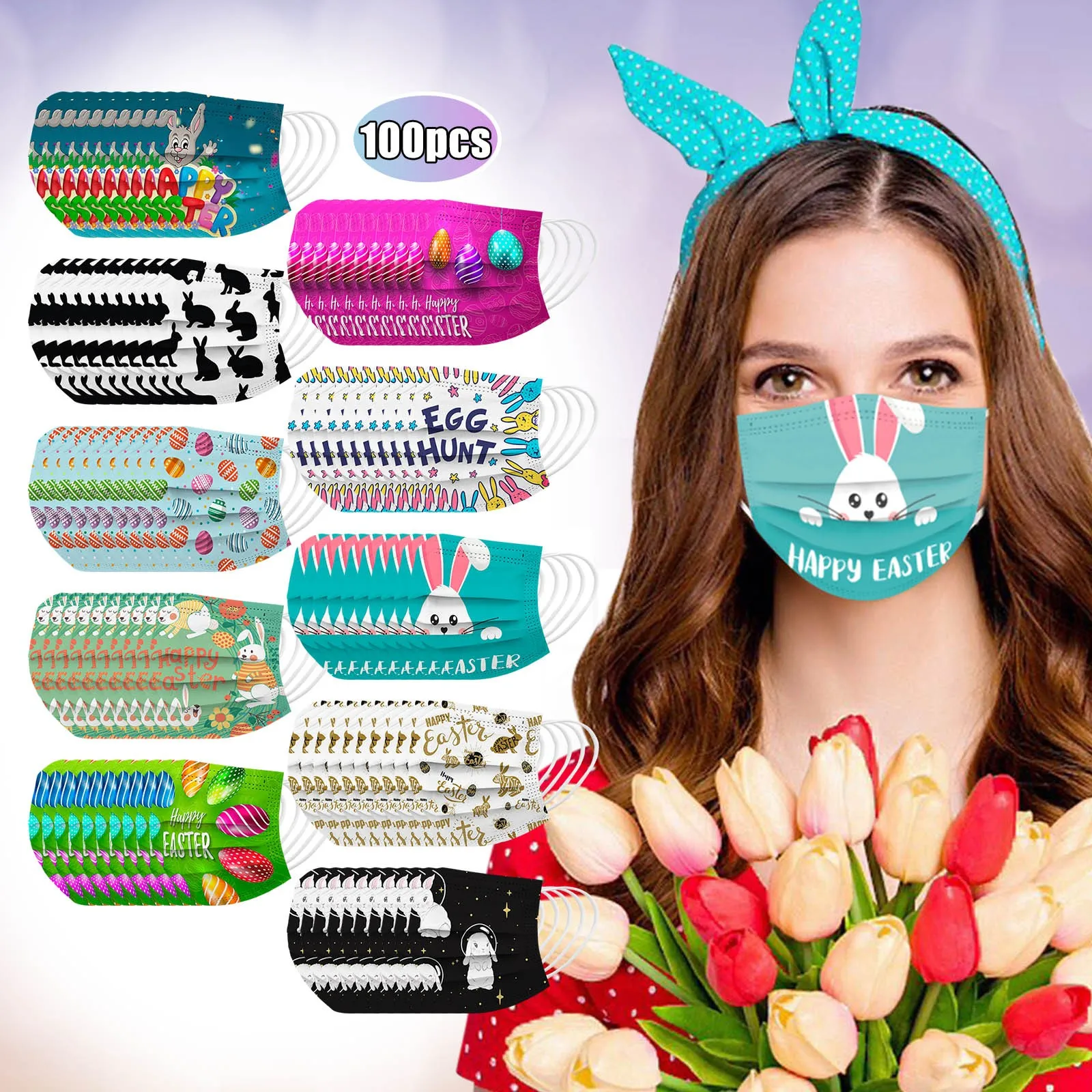 

100PCS Happy Easter Adult's Mask Protection 3 Layer Cartoon Disposable Unisex Face Mask Breathable Outdoor Adults Masque Mascari