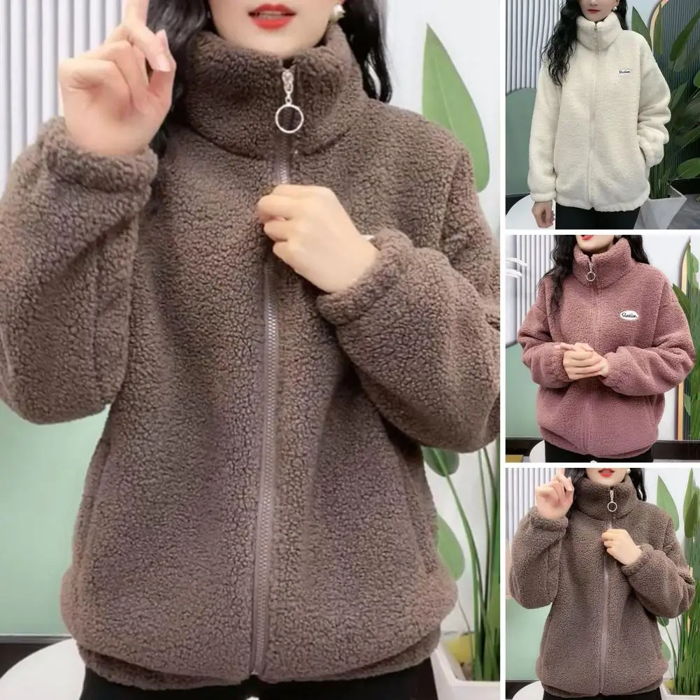 

Women Winter Sherpa Coat Fuzzy Warm Stand Collar Loose Fit Zipper Closure Dual Pocket Long Sleeves Ladies Female Coat Outwear