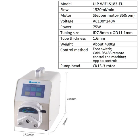 Интеллектуальный Перистальтический Насос Kamoer Lab WiFi UIP с высоким потоком, дозирующий насос с шаговым двигателем (3 ротора, 1-1520 мл/мин, 100-240 В переменного тока