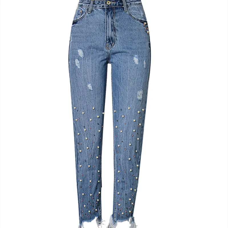

Streetwear Women's Jeans High-Waisted Slim Straight-Tube Pearl 3-Color Pants Studded Irregular Feet Tassel Ripped Denim Trousers