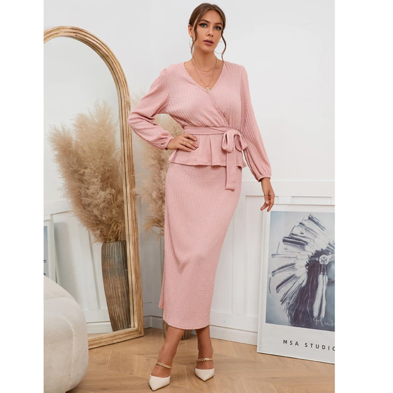 

Autumn Winter Women Sexy V Neck two pieces set Long Sleeve Knitted Elegant Ladies Office Business Career dress