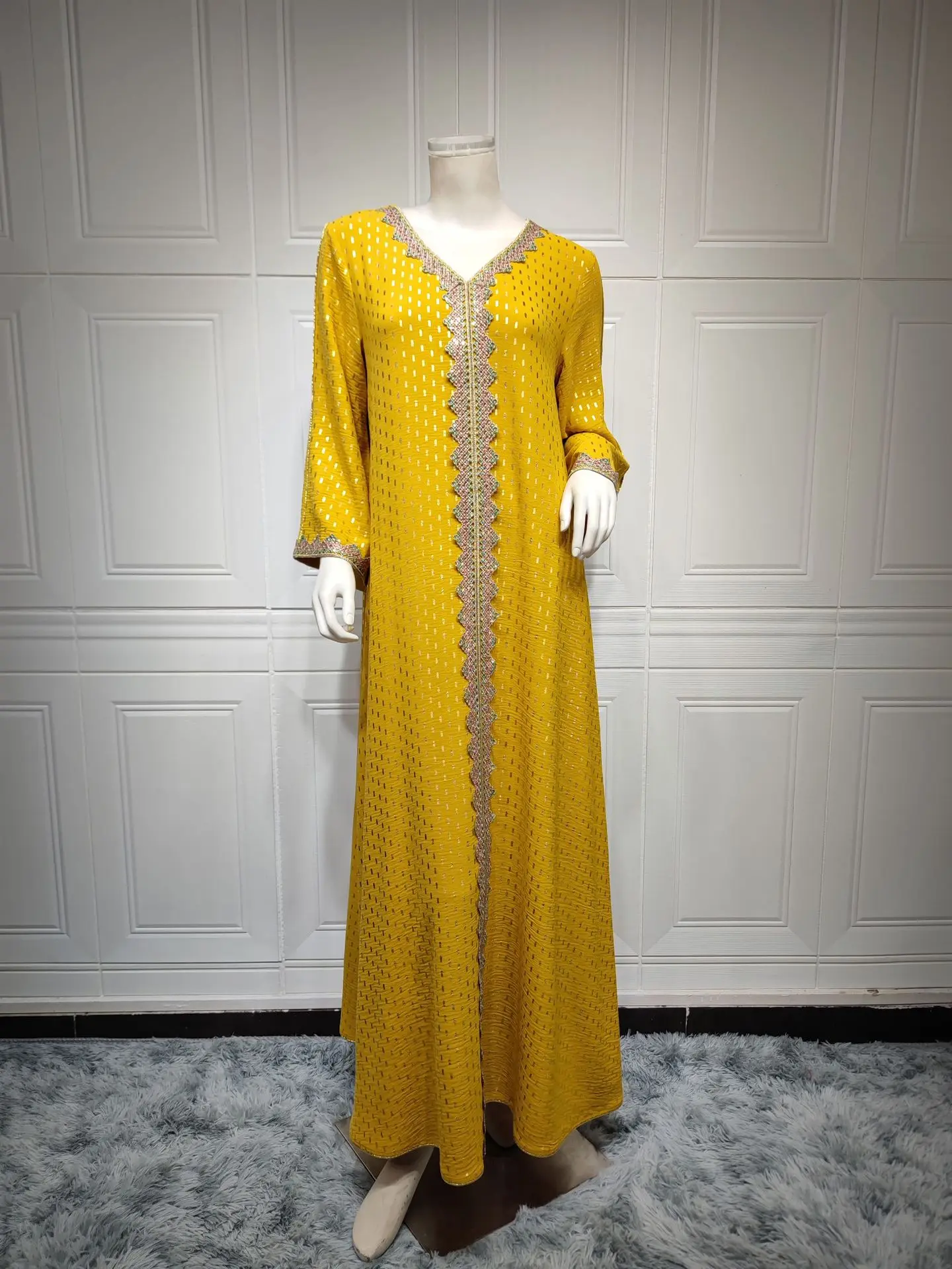 Dubai Muslim Woman Dress Polka Dot Print V-Neck Lace Tape Elegant Long Dresses Islamic Robes Abaya Turkey Ramadan Kaftan