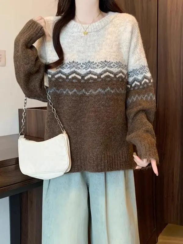 Plus Size Fairisland Soft Glutinous round Neck Pullover Knit Sweater Women Autumn and Winter Plus size Chubby Girl Loose Idle...