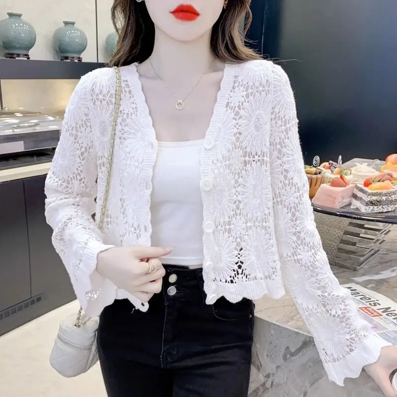 Шаль летняя верхняя одежда кардиган женская тонкая вырезанная вязаная маленькая