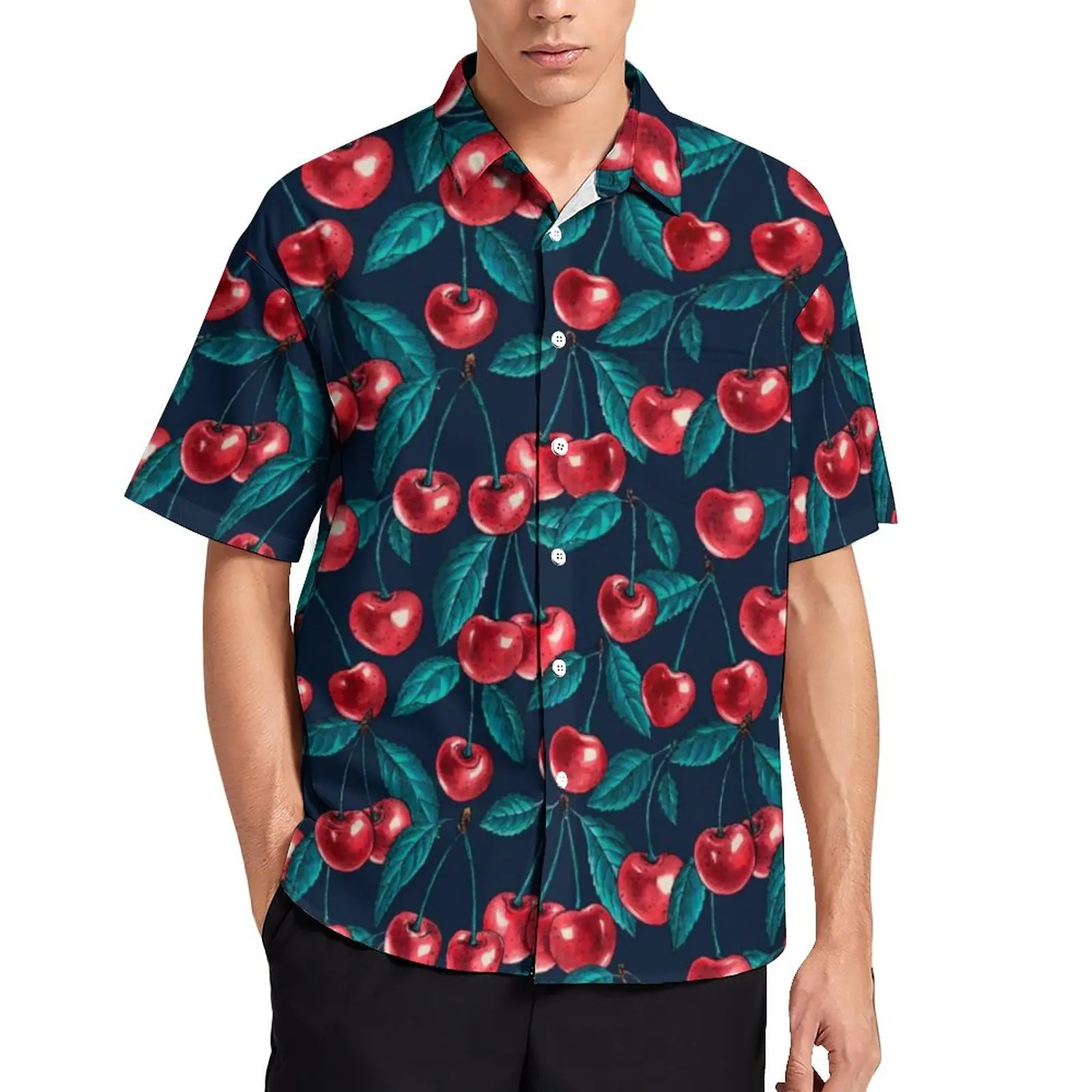 

Sweet Fruit Shirt Hawaiian Red Cherries Leaves Print Casual Shirts Blouses Short-Sleeve Trendy Oversized