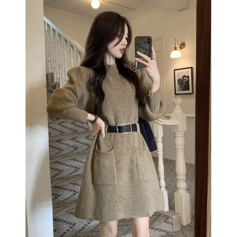 

2023 New Spring Fall Fashion Knit Dress Vintage Khaki O Neck Belted Mini Sweater Dress Long Sleeve Waisted Slim A Line Dress