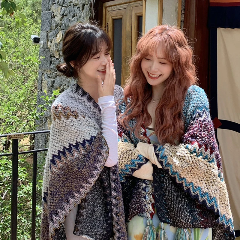 Осенне-зимний шарф-накидка в этническом стиле двухцелевая шаль утепленная