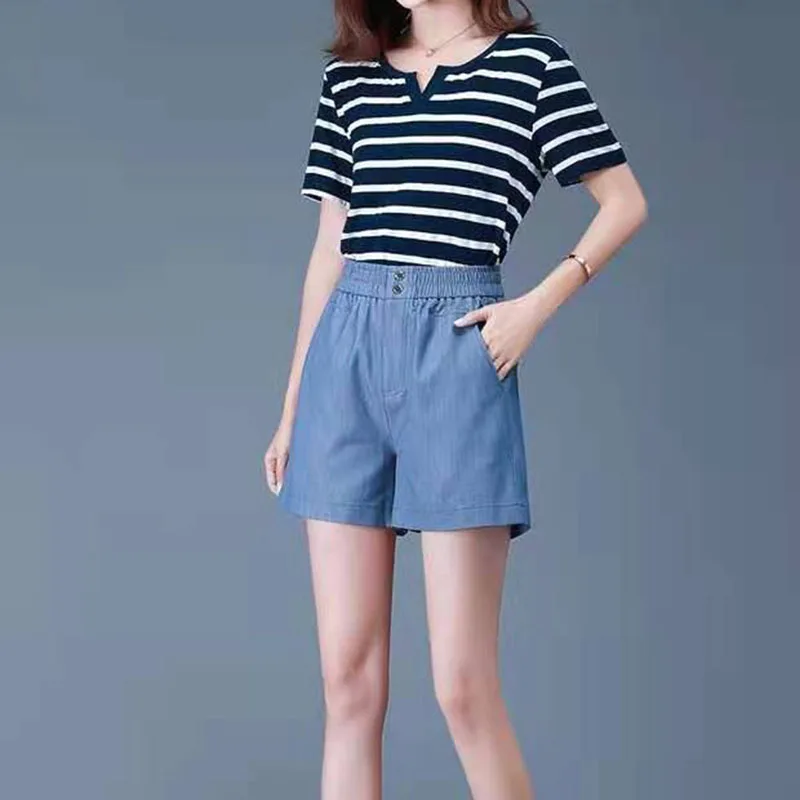 Женские свободные короткие джинсовые шорты из ледяного шелка с высокой талией