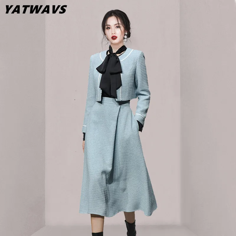 

Женский офисный костюм из двух предметов, твидовый короткий топ с О-образным вырезом и юбка-трапеция средней длины с высокой талией, зимний костюм с юбкой в Корейском стиле