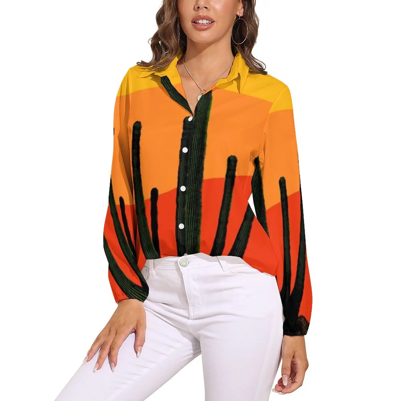 

Cartoon Desert Blouse Long-Sleeve Retro Cactus Sunset Retro Blouses Woman Casual Oversized Shirt Graphic Tops Birthday Present