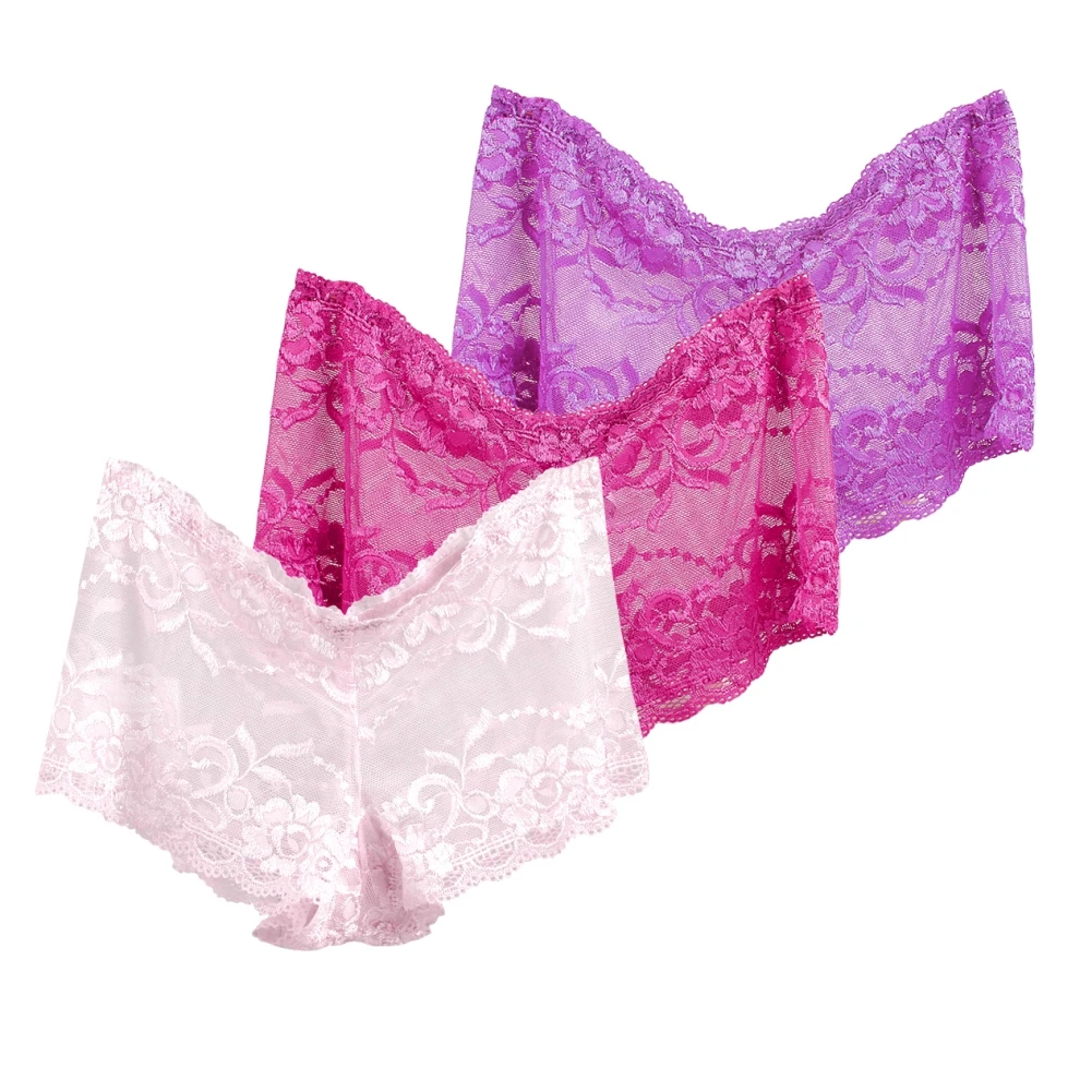 

3 Pack Womens Lace Boyshort Panties Floral Lace Underwear Plus Size Hipster Panty Breathable Soft Stretch Panty Underpants
