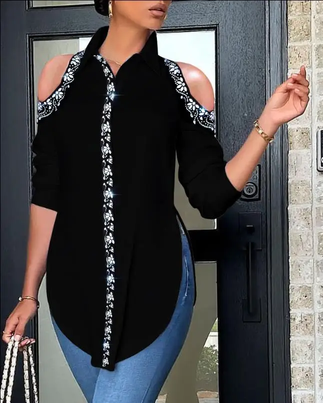 

Women's Shirt Fashion Rhinestone Decorative Side Split Cold Shoulder Shirt Casual Off Shoulder Black Long Top