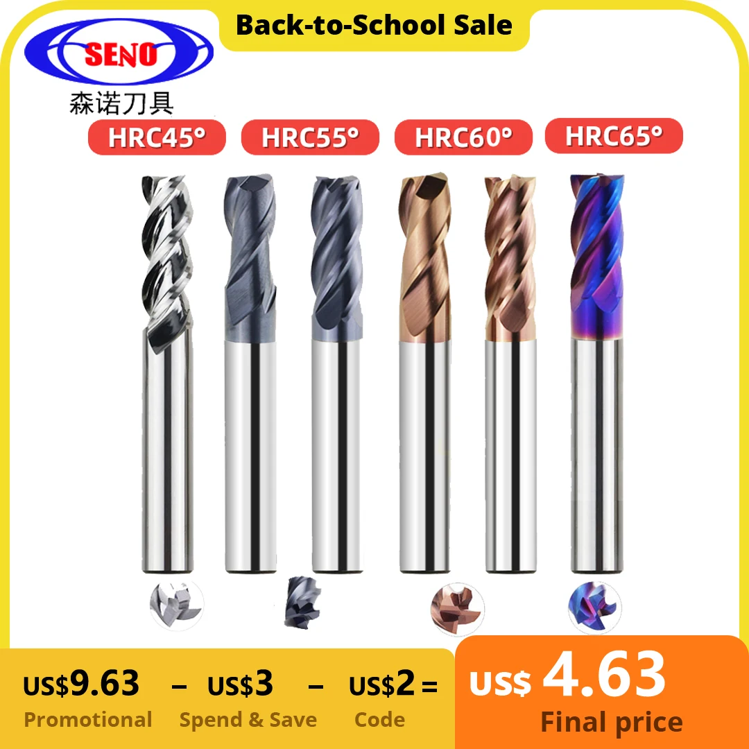 

SENO Carbide End Mills HRC45/55/60/65 Alloy Tungsten Steel Milling Cutter Cutting Tool For CNC Maching Coating Flat 2/3/4 Flutes