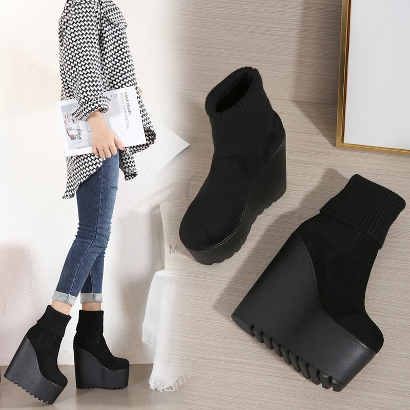 

Women 16CM High Heels Wedges Knitted Platform Autumn Boots