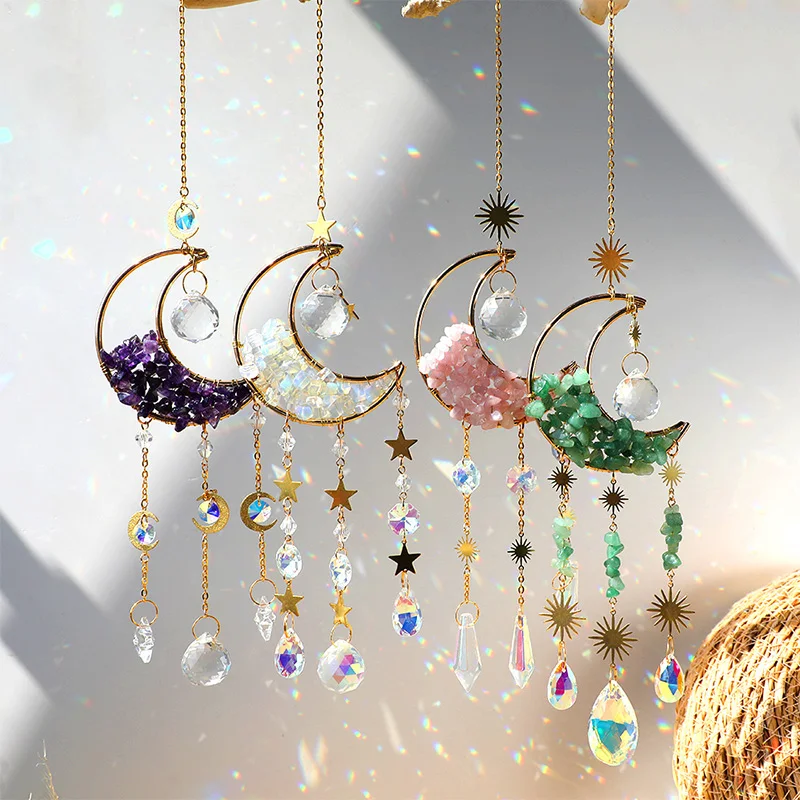 

Crystal Wind Chime Dreamcatcher Suncatcher Prism Ball Gold Moon Star Rainbow Sun Catcher Indoor Window Car Hanging Decoration