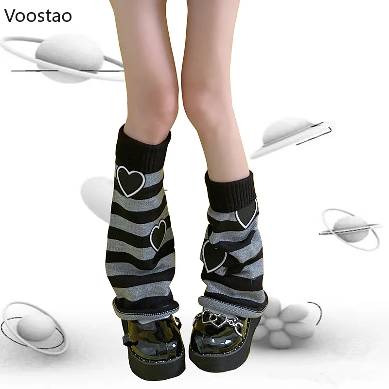 Japanese Lolita Y2k Harajuku Girls Casual Striped Heart Leg Warmers Socks Women Knee High Boots Cover Streetwear Punk Foot Cover