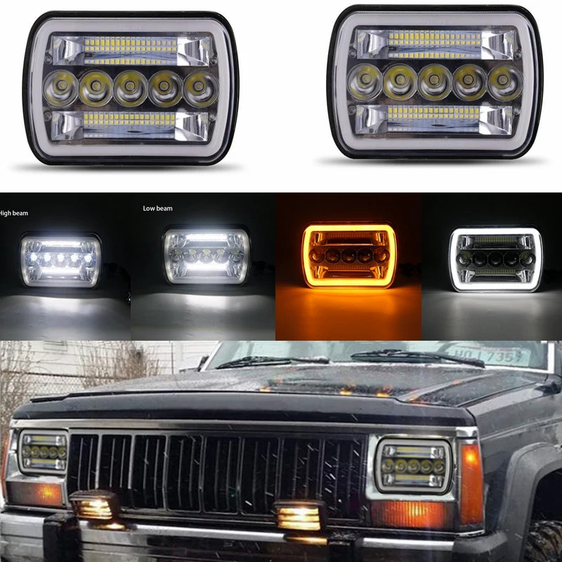 

For Jeep Wrangler YJ Cherokee XJ H6054 Square LED Headlight 7x6 5x7 Hi-Lo Beam Halo DRL Headlights Auto Lighting System