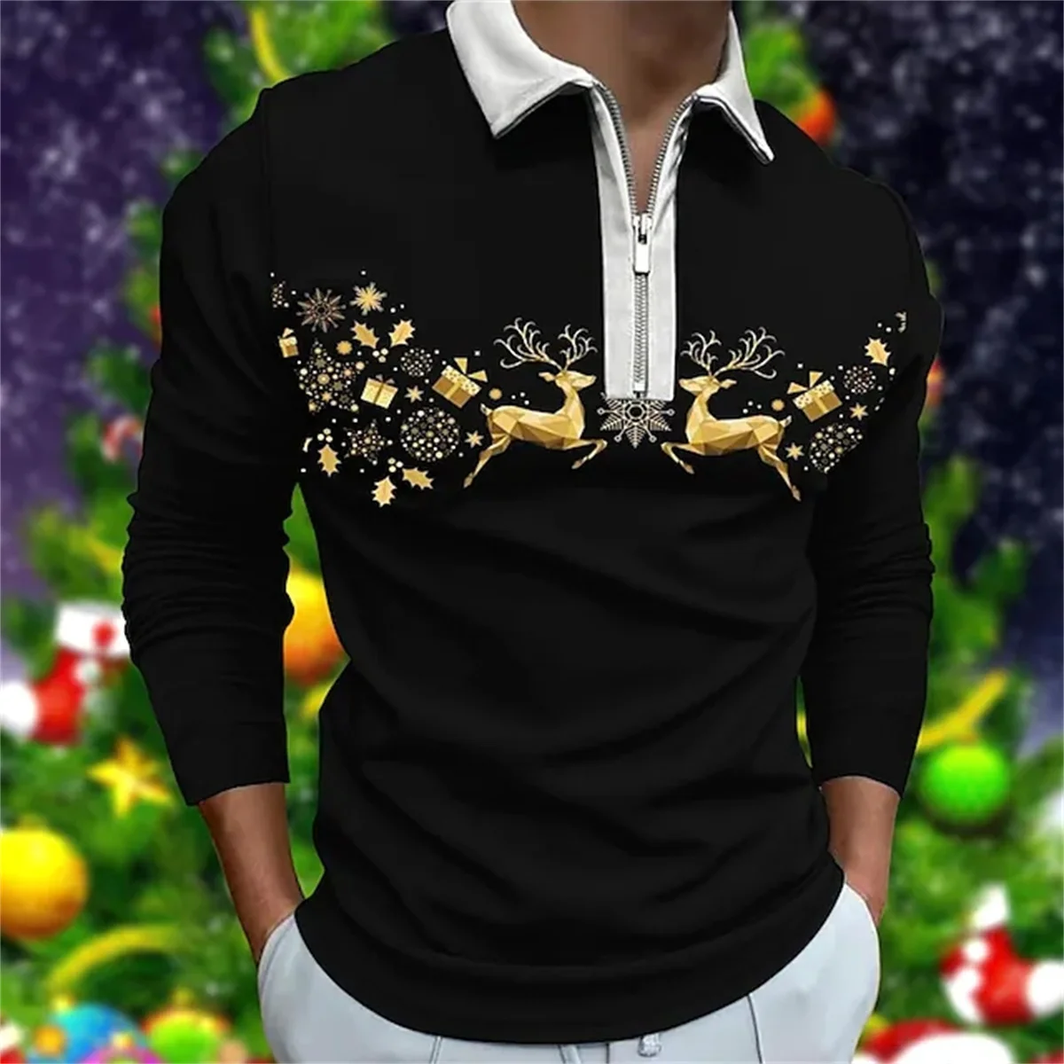 

Men's Spring and autumn lapel long sleeve POLO shirt business print casual simple shirt long sleeve Christmas gift Euro size ove