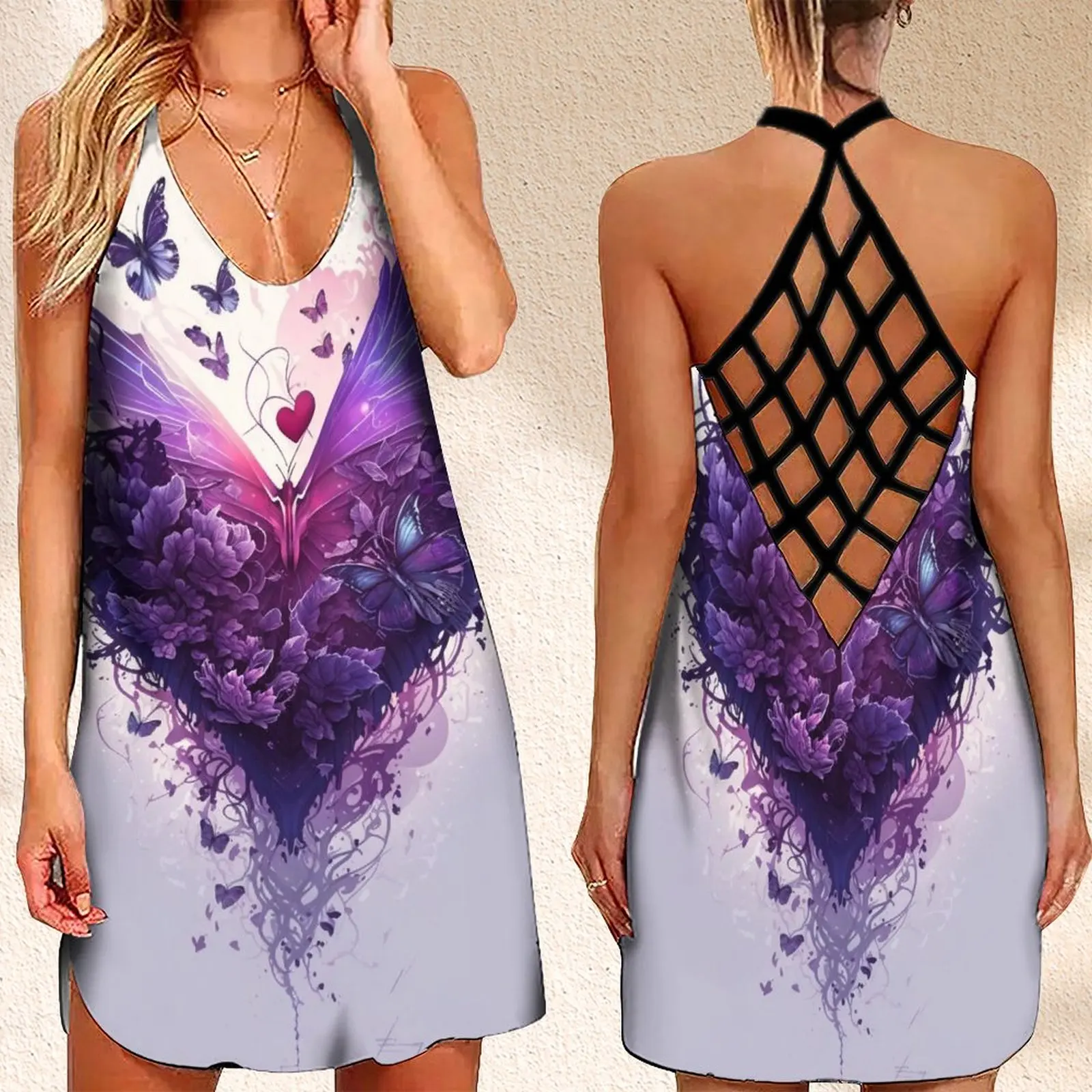 

Женское вечернее платье без рукавов, платье с открытой спиной и перекрестными лямками, с цветным затенением, с принтом сердечек, крыльев, бабочек