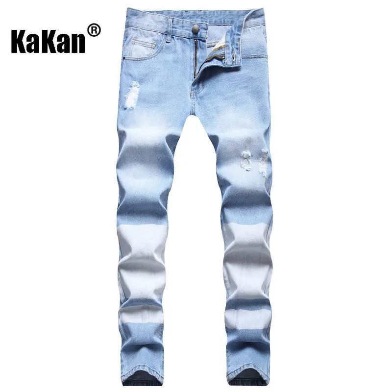 Kakan - New European and American Distressed Straight Leg Jeans for Men, Washed Youth Grey Casual Long Jeans K44-871