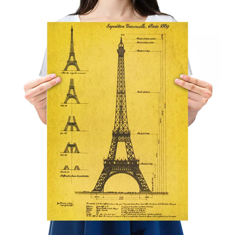 

Hot Posters Eiffel Tower Home Decoration Painting Architectural Blueprint Retro Kraft Paper Poster Theme Bar Room Wall Stickers