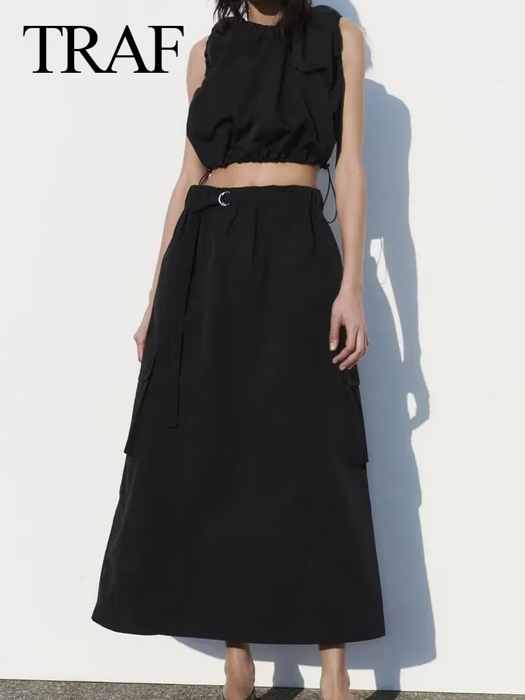 

Женские Асимметричные костюмы с вырезами, облегающий короткий топ без рукавов и нейлоновая юбка-карго, винтажные комплекты с юбкой миди, ле...